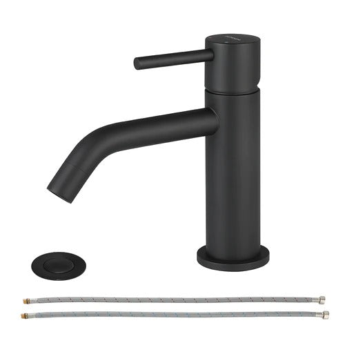 EZANDA Brass Single Handle Bathroom Faucet with Pop-up Sink Drain Assembly & Faucet Supply Lines, Matte Black