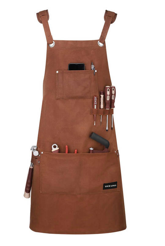 Delantal de lona encerada de alta calidad con bolsillos y correas cruzadas en la espalda con delantal de trabajo resistente para hombres y mujeres (marrón)