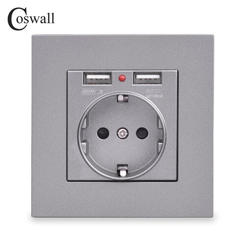 Coswall Dual USB Ladeanschluss 5V 2.1A LED Anzeige 16A Wand EU Steckdose Steckdose PC Panel Grau Grau Schwarz Weiß Gold