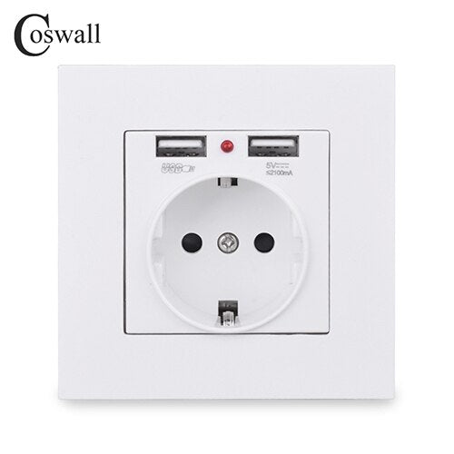 Coswall Dual USB Charging Port 5V 2.1A LED Indicator 16A Wall EU Power Socket Outlet PC Panel Grey Gray Black White Gold