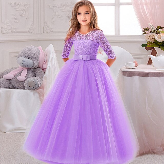 Flower Girl's Birthday Banquet Lace Stitching Dress Elegant Girls'School Party Dinner Dresses for Graduation Ceremony Ball