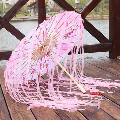 Paraguas de encaje de tela de seda, disfraz de mujer, accesorios de fotografía, paraguas con borlas, paraguas de papel de aceite clásico chino de hilo, sombrilla