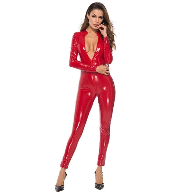 Sexy Hot Women Faux Leather Catsuit PVC Latex Bodysuit Front Zipper Open Crotch Jumpsuits Stretch bodystocking Erotic costumes