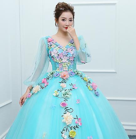 Gryffon Quinceanera Dress Full Sleeve V-neck Party Prom Solo Ball Gown Sweet Floral Print Host Quinceanera Dresses Plus Size