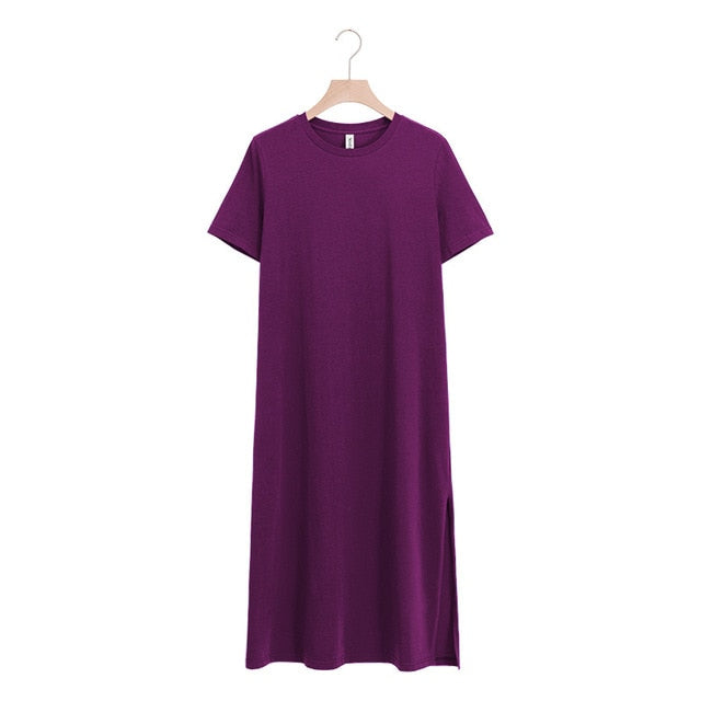 Lässige Frauen Split Langes Kleid O-Ausschnitt Kurzarm Solide blau Sommer Baumwolle T-Shirt Kleid Verkäufe M30465