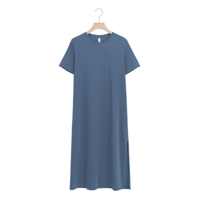 Lässige Frauen Split Langes Kleid O-Ausschnitt Kurzarm Solide blau Sommer Baumwolle T-Shirt Kleid Verkäufe M30465