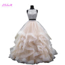 Cristales de lujo Dos piezas Vestido de fiesta Vestidos de quinceañera O-cuello Con cuentas Espalda abierta Vestido de desfile Vestido largo de organza con gradas Dulce 16 Vestido