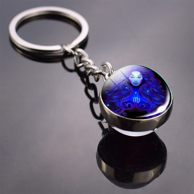 12 Constellation Keychain Fashion Double Side Cabochon Glass Ball Keychain Zodiac Signs Jewelry For Men For Women Birthday Gift