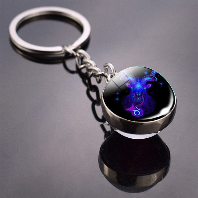 12 Constellation Keychain Fashion Double Side Cabochon Glass Ball Keychain Zodiac Signs Jewelry For Men For Women Birthday Gift