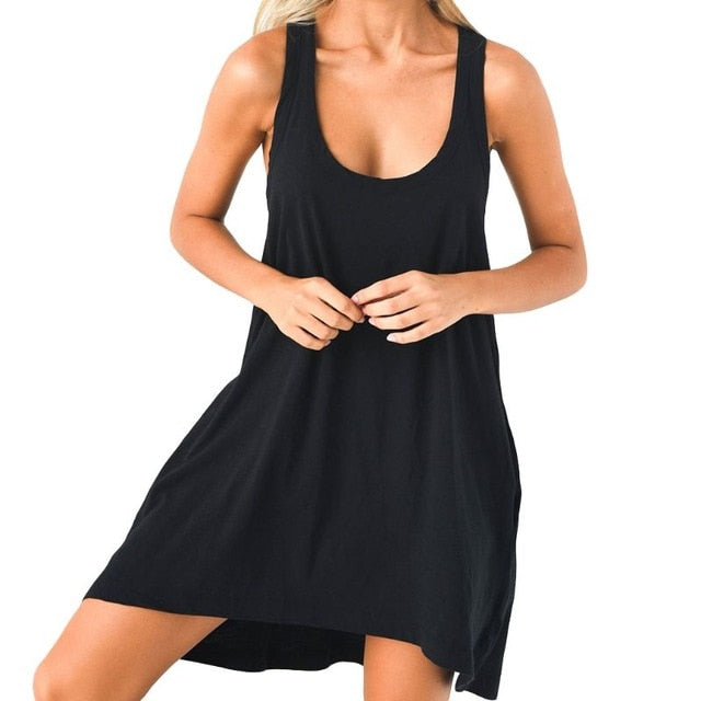 Women Sleeveless Loose Casual Solid Dress Summer Swing Mini Sundress Shirtdress