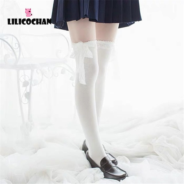 Mujer Anime Cosplay Lolita Maid Girls encaje Top muslo calcetines altos sobre la rodilla pierna calentadores Leggings Sexy algodón media Accesorios