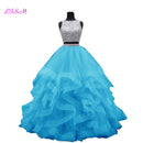 Cristales de lujo Dos piezas Vestido de fiesta Vestidos de quinceañera O-cuello Con cuentas Espalda abierta Vestido de desfile Vestido largo de organza con gradas Dulce 16 Vestido
