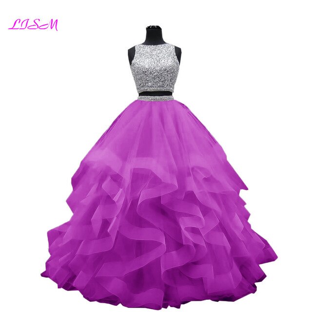 Luxury Crystals Two Pieces Ball Gown Quinceanera Dresses O-Neck Beaded Open Back Pageant Gown Long Tiered Organza Sweet 16 Dress