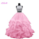 Cristales de lujo Dos piezas Vestido de fiesta Vestidos de quinceañera O-cuello Con cuentas Espalda abierta Vestido de desfile Vestido largo de organza con gradas Dulce 16 Vestido