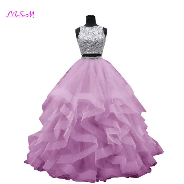 Luxury Crystals Two Pieces Ball Gown Quinceanera Dresses O-Neck Beaded Open Back Pageant Gown Long Tiered Organza Sweet 16 Dress
