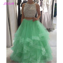 Cristales de lujo Dos piezas Vestido de fiesta Vestidos de quinceañera O-cuello Con cuentas Espalda abierta Vestido de desfile Vestido largo de organza con gradas Dulce 16 Vestido