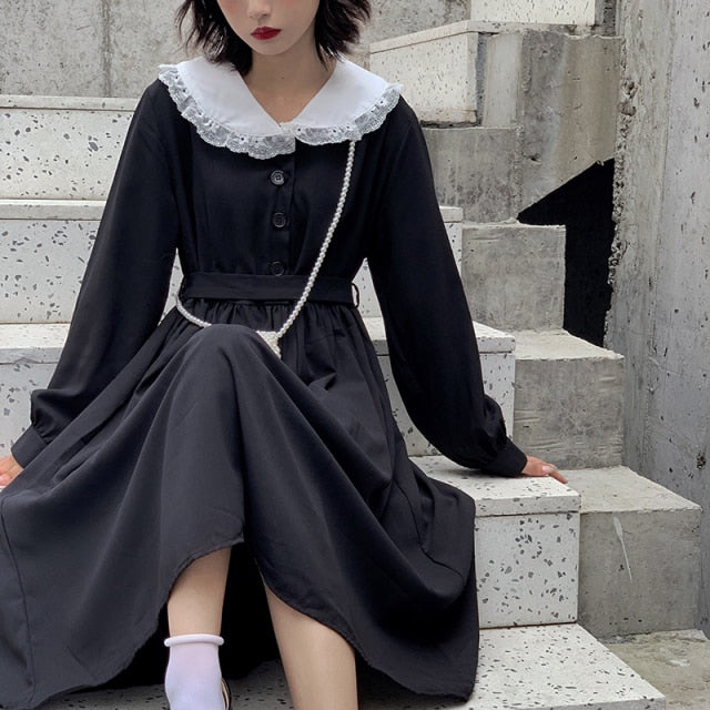 Vestido Mujer moda oscura estilo pijo manga larga Lolita vestidos japonés dulce Peter Pan cuello largo señoras vestidos elegantes