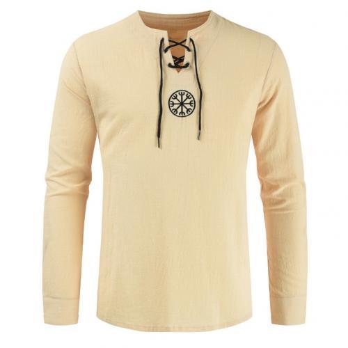 Men Plus Size Shirt Top Ancient Viking Embroidery Lace Up V Neck Long Sleeve Shirt Top For Men&