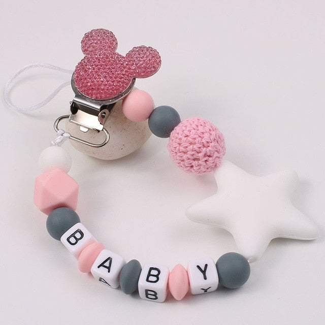 Clip para chupete de cabeza de ratón con nombre personalizado, Clips para chupete de silicona para bebé, cadena para chupete, regalo para bebé