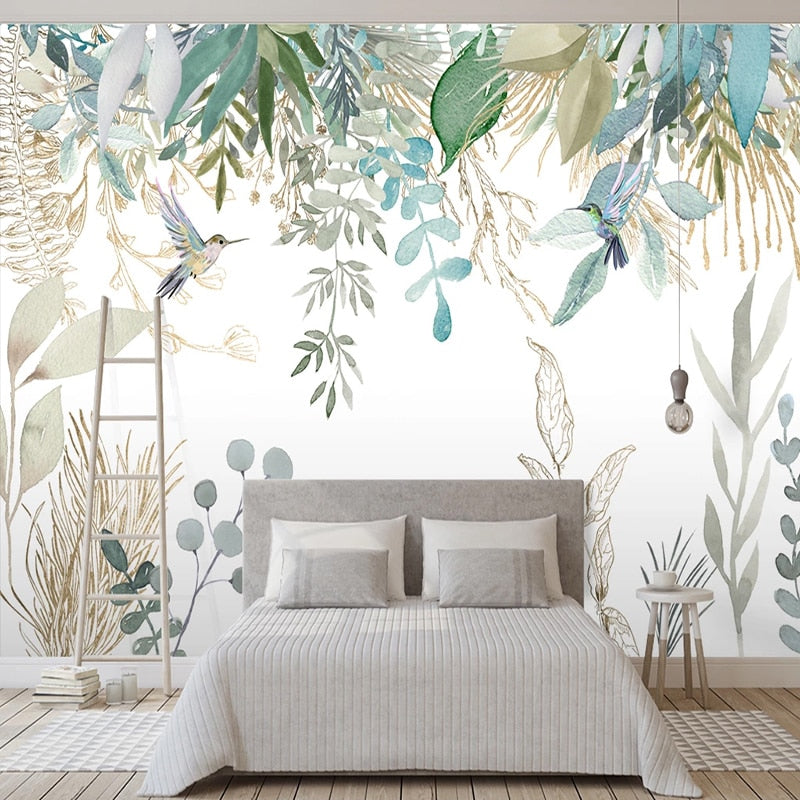 Papel pintado de foto moderno pintado a mano hojas de plantas tropicales flores y pájaros murales sala de estar dormitorio pintura de pared impermeable