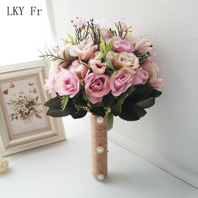 LKY Fr Wedding Bouquet Flowers Marriage Accessories Small Bridal Bouquets Silk Roses Wedding Bouquets for Bridesmaids Decoration
