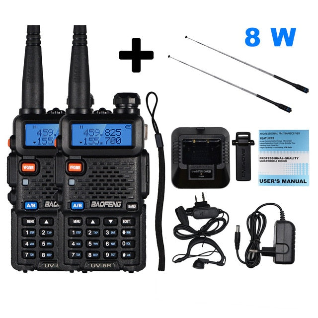 2 uds Real 8W Baofeng uv-5r Walkie Talkie de alta potencia portátil Ham CB Radio uv 5r banda Dual VHF/UHF FM transceptor Radio bidireccional