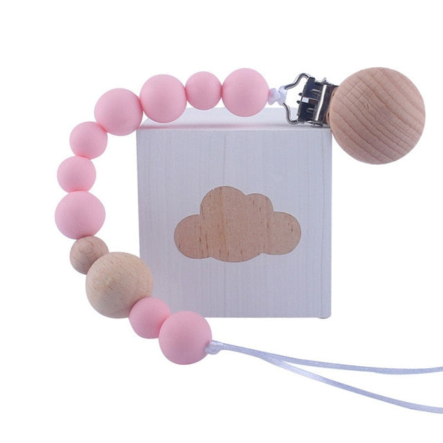 Baby Wood Beaded Pacifier Clip Silicone Chain Nipple Holder Infant Soother Teether