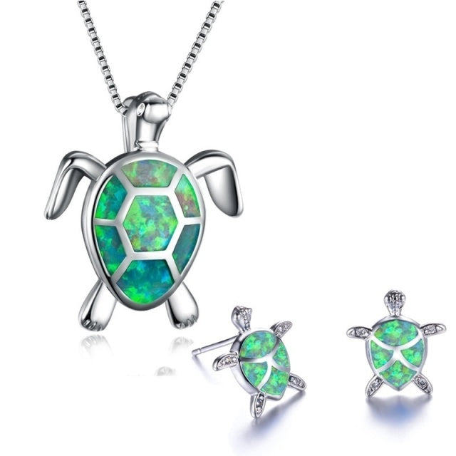 Clásico lindo collar de tortuga marina pendientes conjunto de joyería Animal de moda ópalo de fuego pendiente para niña mujer mejor regalo