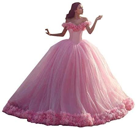 Quinceanera Dress Pink Ball Gown 3D Flowers Princess Corset Tulle Sparkles Sweet 16 Dresses Vestido De Debutante