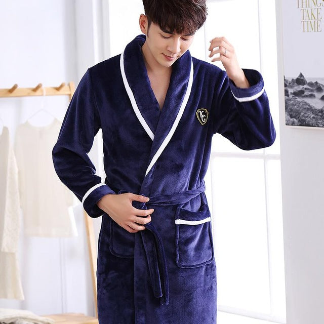 Men Casual Kimono Bathrobe Autumn Winter Flannel Long Robe Thick Warm Sleepwear Plus Size 3XL Nightgown Male Loose Home Wear