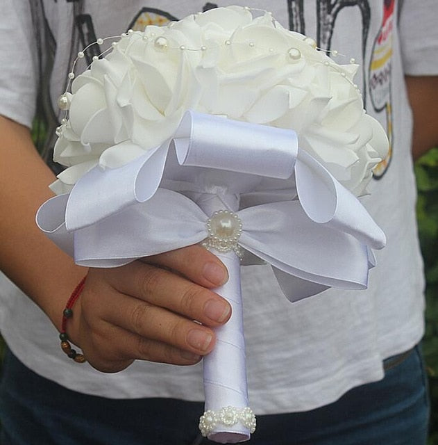 Barato PE Rose Dama de honor Boda Flores de espuma Rose Ramo de novia Cinta Fake Wedding bouquet de noiva Personalizado