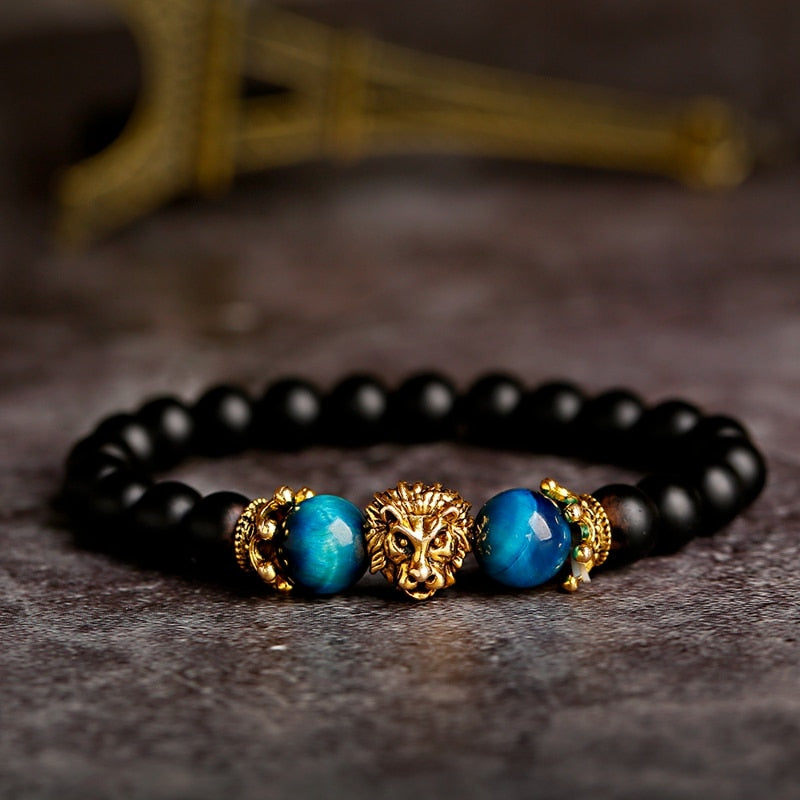 Pulsera clásica con corona y León para Hombre, Pulsera con abalorios hecha a mano con piedra de ónix y ojo de tigre para Mujer, joyería para Hombre