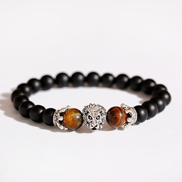 Pulsera clásica con corona y León para Hombre, Pulsera con abalorios hecha a mano con piedra de ónix y ojo de tigre para Mujer, joyería para Hombre