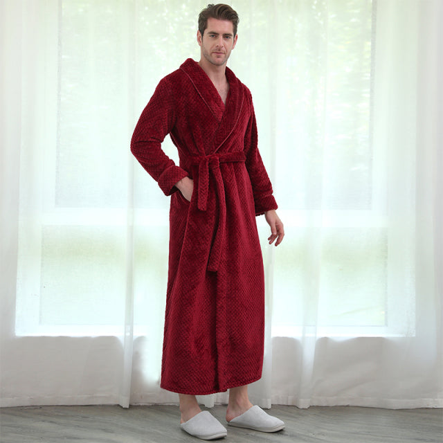 Albornoz de invierno de talla grande para hombre, albornoz largo de lana Coral, Kimono, albornoz cálido de franela, albornoz acogedor para hombre, ropa de dormir de noche, bata de mujer