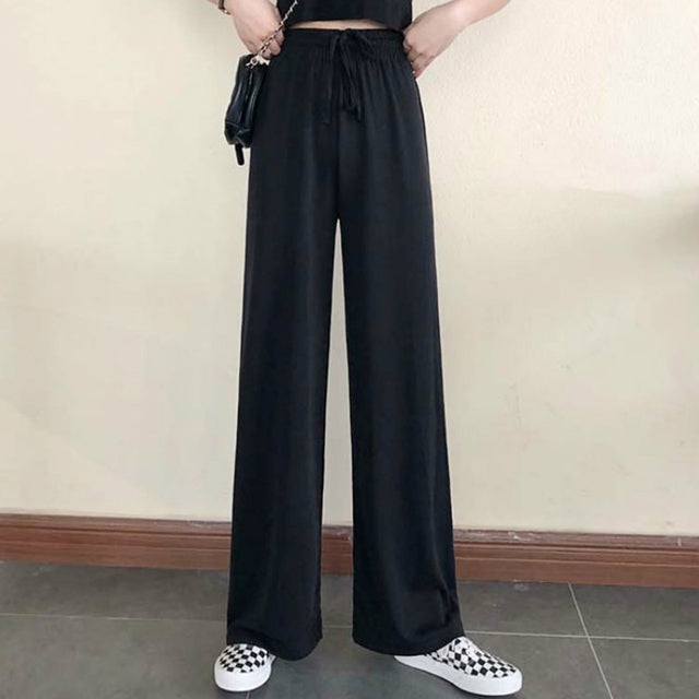 Wide Leg Pants Women Pure Black Lace-up Korean Style Loose Leisure High Waists Female Spring Long Daily Pants Streetwear Fall
