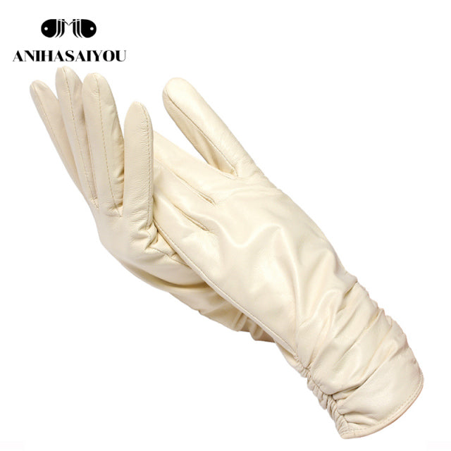 Klassische plissierte Lederhandschuhfrauen färben echtes Lederhandschuhfrauenschaffell Winterhandschuhe aus echtem Leder frauen-2081