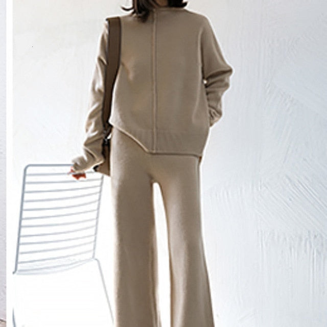 Conjunto de dos piezas Genayooa, suéter, chándal, pantalones de pierna ancha de punto de cintura alta para mujer, conjunto de 2 piezas para mujer, invierno 2020