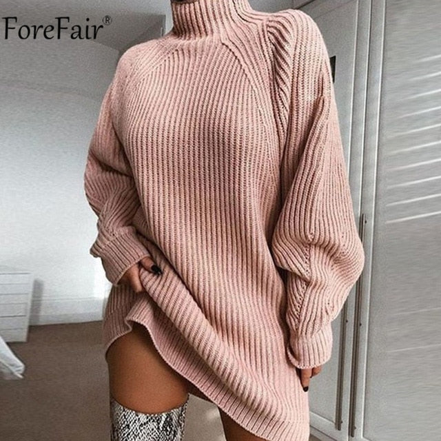 Forefair cuello alto manga larga suéter vestido mujer Otoño Invierno túnica suelta de punto Casual rosa gris ropa vestidos sólidos