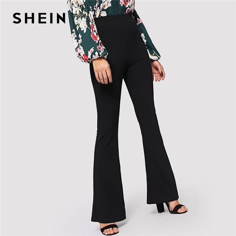 SHEIN Schwarze Elegante Bürodame Elastische Taille Schlagsaumhose Lässige Solide Minimalistische Hose 2019 Frühlingsfrauenhose