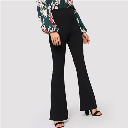 SHEIN Black Elegant Office Lady Elastic Waist Flare Hem Pants Casual Solid Minimalist Pants 2019 Spring Women Pants Trousers