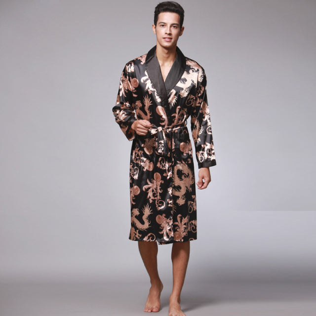 Men Silk Summer and Autumn Satin Kimono Bathrobe Golden Dragon Knee Length Long Sleeve Black Bath Robe Dressing Gown Sleepwear