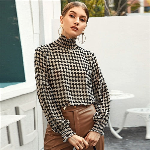SHEIN Multicolor Frill Shirred High Neck Checkerboard Blouse Top Women Spring Lantern Sleeve Office Lady Plaid Elegant Blouses