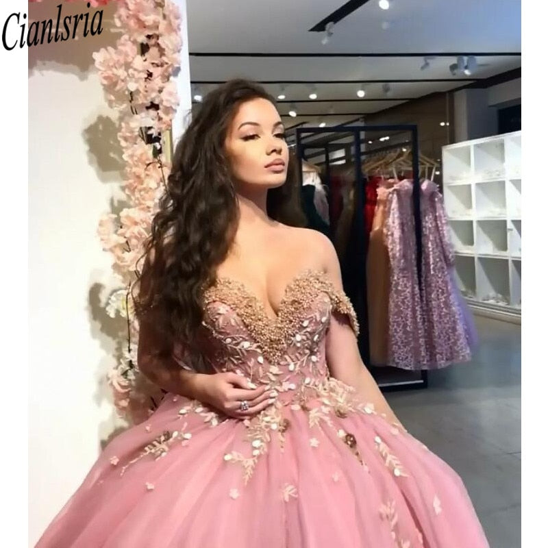 Princess Dusty Pink Ball Gown Quinceanera Dresses Off The Shoulder Tulle Sleeveless Sweet 16 Dresses With Appliques Beads
