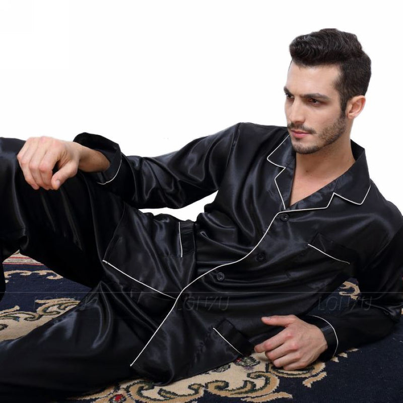 Herren-Schlafanzug aus Seidensatin Schlafanzug-Set Nachtwäsche-Set Loungewear US S, M, L, XL, XXL, XXXL, 4XL__Passend für alle Jahreszeiten