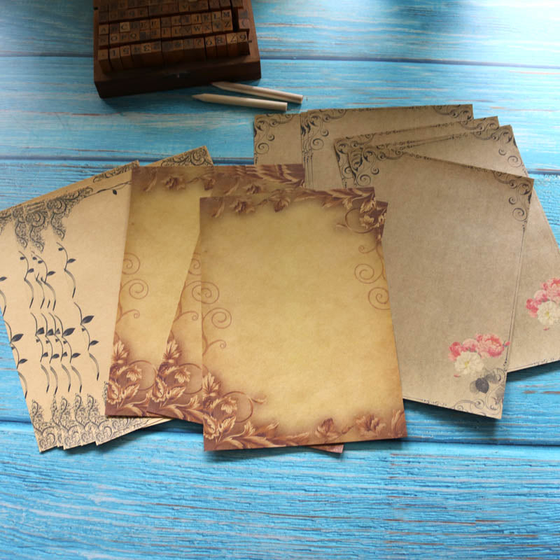 Papel de carta marrón Kraft, 16 hojas, diseño de flores Vintage, papel con membrete, papel para escribir, Bloc de letras, bloc de dibujo, papelería