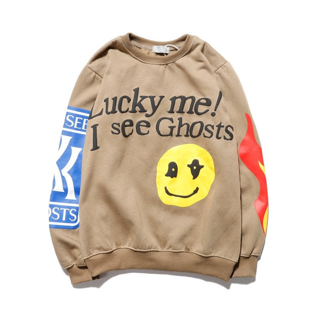 Sudaderas con capucha de Kanye West "Lucky me I see Ghosts" Sudadera con capucha con estampado de logotipo Hombres Mujeres Otoño Invierno Sudaderas de algodón Serie Tour