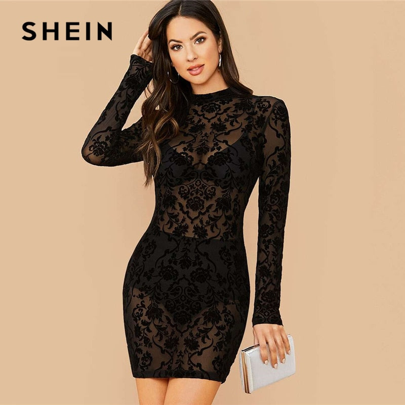 SHEIN Black Floral Print Stand Collar Sexy Bodycon Dress Without Bra Women Spring Long Sleeve Sheer Glamorous Mini Dresses