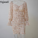 Yojoceli sexy floral print shirred dress women square neck long sleeve slim mini dress chiffon dress