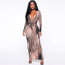CNYISHE Stripe Tie Dye Printed Women Dress Long Sleeve Sheath With Belt Bandage Dresses Women Streetwear Long Dress Vestido Robe