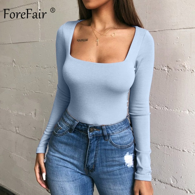 Forefair Sexy Bodycon Bodysuit Long Sleeve Square Neck Sheath Open Crotch Basic White Black Red Overalls Women Body Top